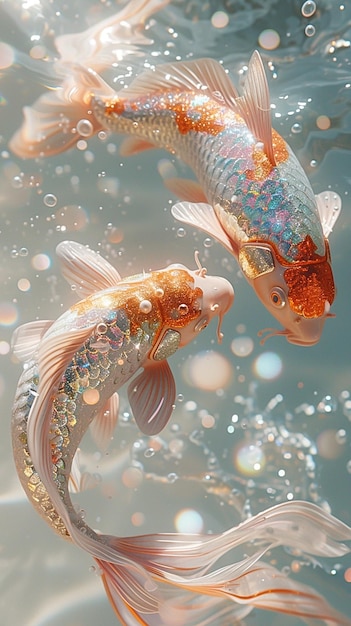 Dois peixes a nadar juntos na água.
