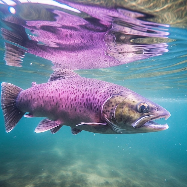 Dois peixes a nadar na água com fundo roxo.