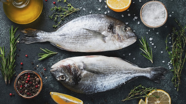 Dois peixes crus frescos de Dorado com especiarias e azeite em uma mesa de pedra escura. Vista do topo. Lay plana.