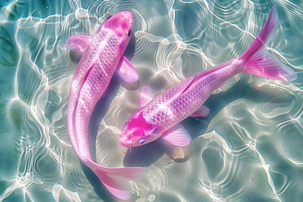 Foto dois peixes koi cor-de-rosa nadando em águas claras