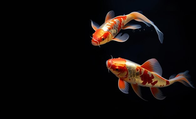 Foto dois peixes koi em fundo preto