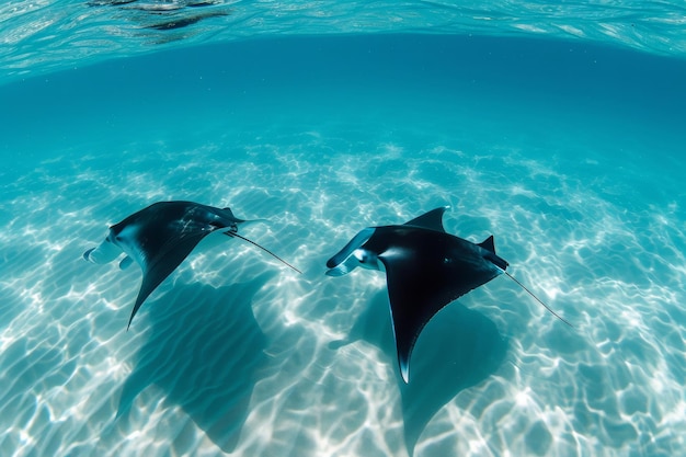 Dois peixes-pico nadam graciosamente nas águas profundas do oceano explorando seus arredores duas raias-manta deslizam graciosamente na água clara do oceano AI gerada