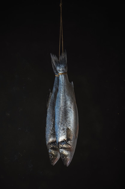 Foto dois peixes robalos frescos pendurados em uma corda