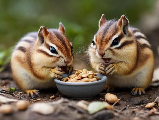 dois pequenos animais estão comendo de uma tigela de amendoim