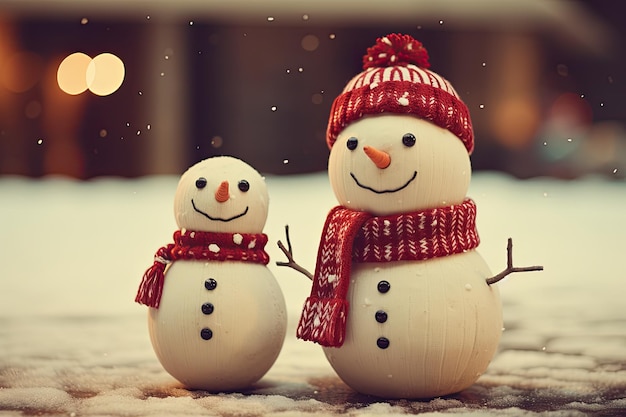 Dois pequenos brinquedos divertidos retratam um boneco de neve recém-nascido ao ar livre na neve densa usando chapéus de malha e s