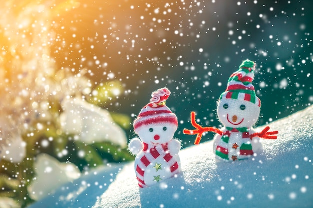 Dois pequenos brinquedos engraçados bebê boneco de neve em chapéus de malha e cachecóis na neve profunda ao ar livre perto de galho de pinheiro. Cartão de feliz ano novo e feliz Natal.