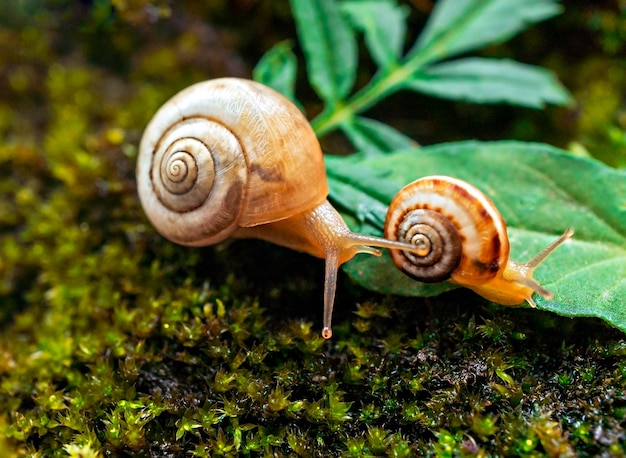 Dois pequenos caracóis de uva fecham-se sobre uma ninhada de floresta verde Conceito romântico