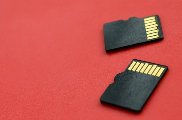 Dois pequenos cartões de memória micro sd encontram-se sobre um fundo vermelho. um pequeno e compacto armazenamento de dados e informações