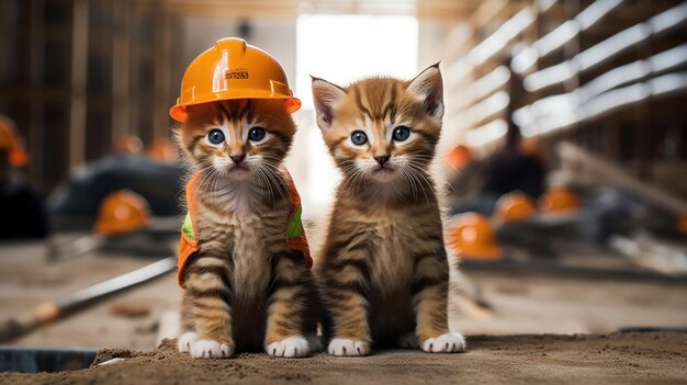 Dois pequenos gatinhos usando capacetes em um canteiro de obras Imagem generativa de IA