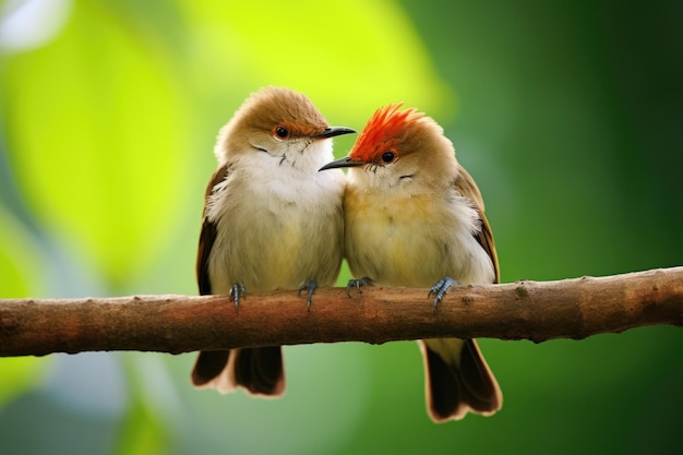 Foto dois pequenos pássaros empoleirados juntos em um galho de árvore