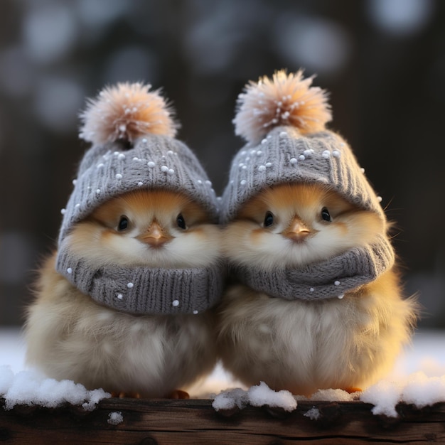 Foto dois pequenos pássaros usando chapéus e lenços sentados em um tronco generativo ai