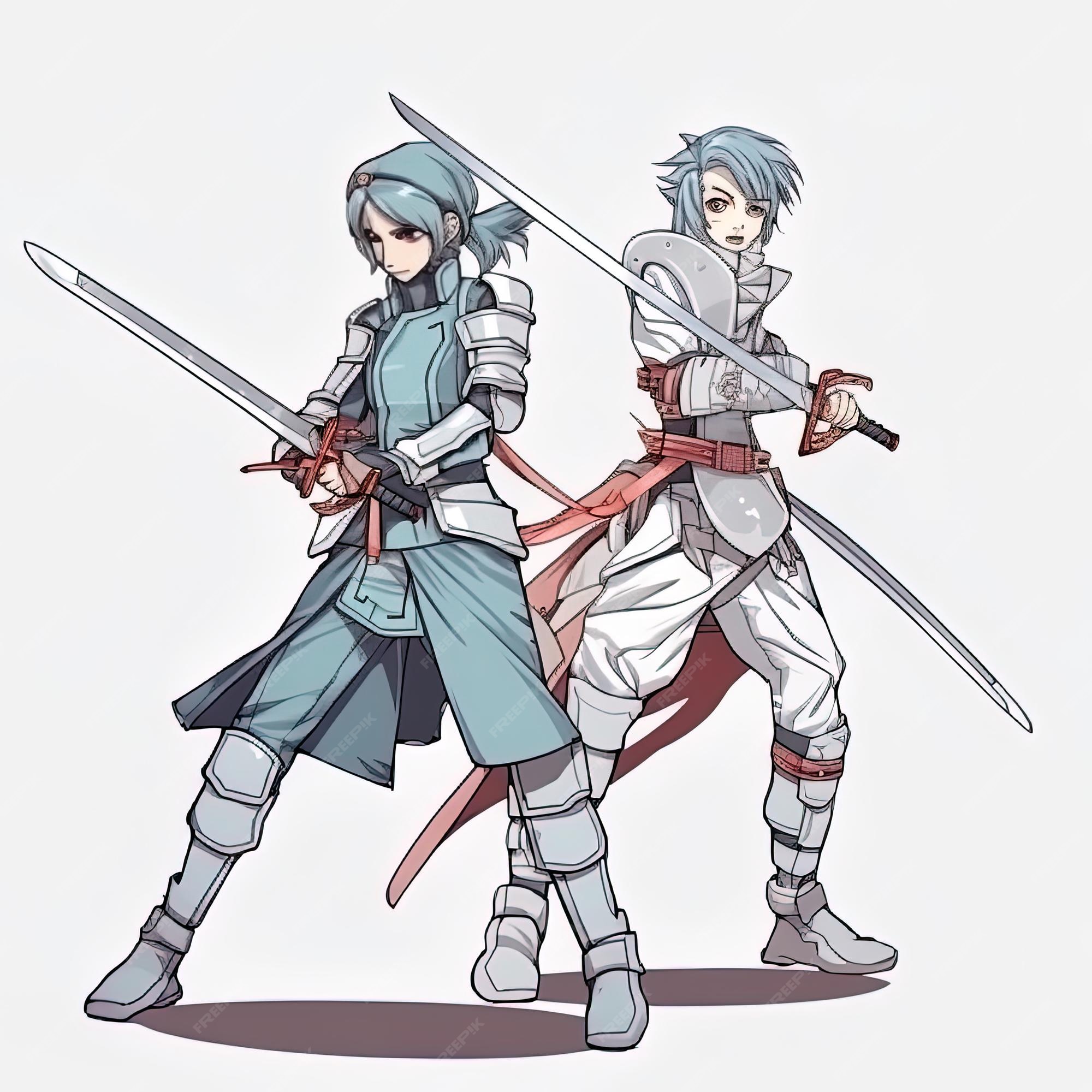 Dois personagens de anime com um segurando uma espada e outro com