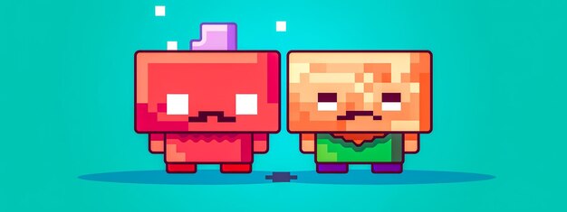 Foto dois personagens de arte de pixel com uma estética de videogame retrô minimalista contra um teal brilhante