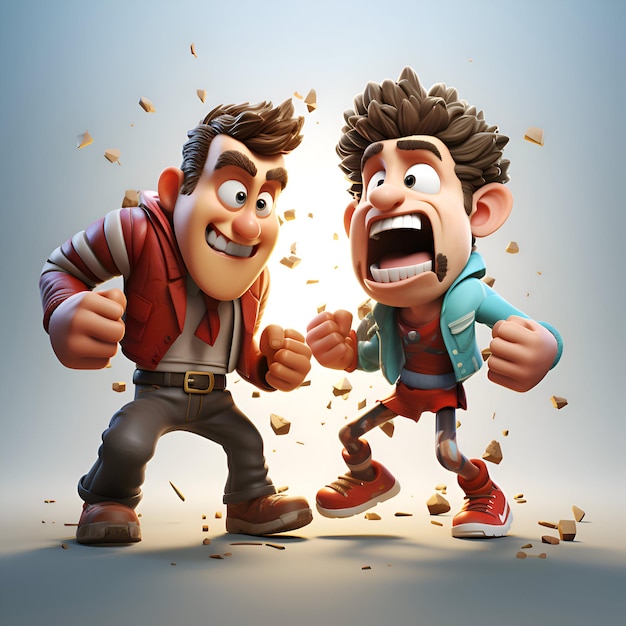 Foto dois personagens de desenho animado felizes correndo e pulando no ar ilustração 3d