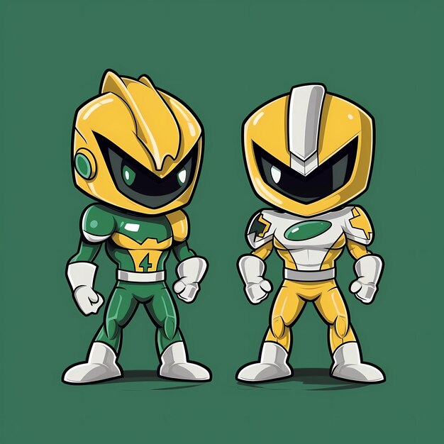 Dois personagens de desenhos animados de um guerreiro ninja verde e amarelo