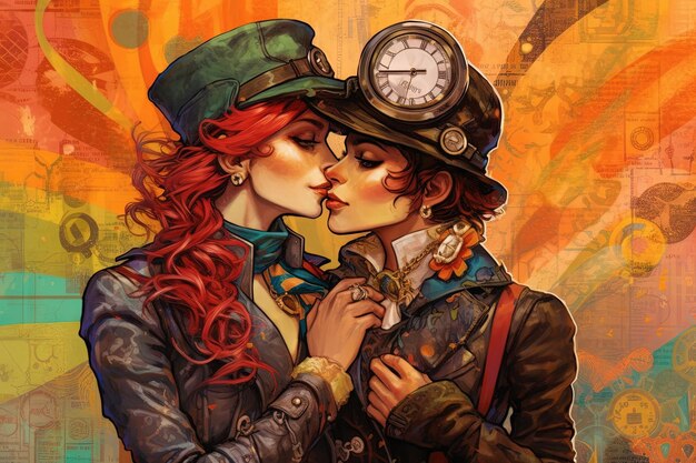 Dois personagens Lgbtq steampunk se beijando ilustração generativa ai