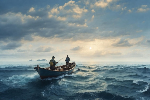 dois pescadores em um barco no mar gerador de IA