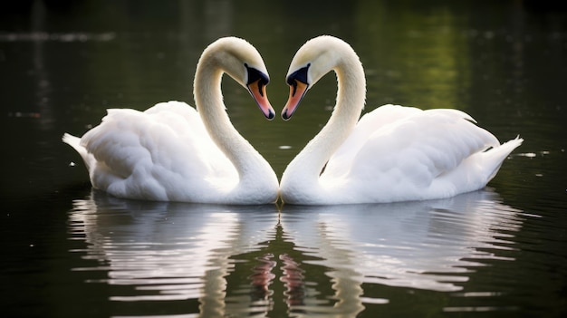 Dois pescoços de cisnes brancos formando a forma de um coração de amor