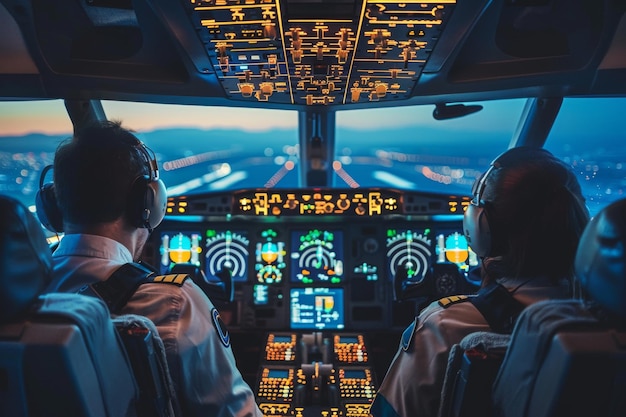 Dois pilotos estão na cabine de um avião olhando para a pista