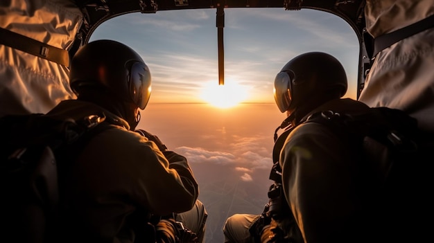 Dois pilotos olhando para fora de um avião com o sol se pondo atrás deles