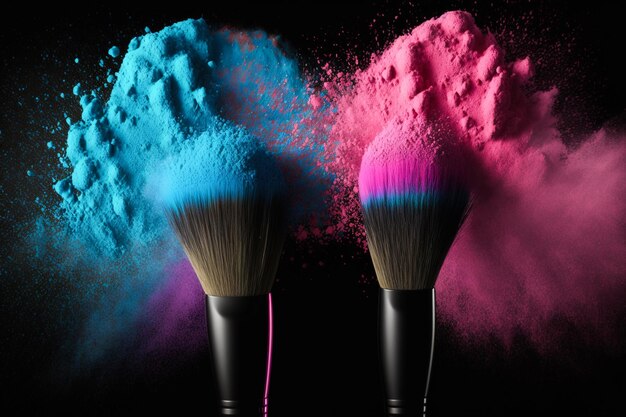 Dois pincéis de maquiagem com pó explosivo azul e rosa em fundo preto generativo ai