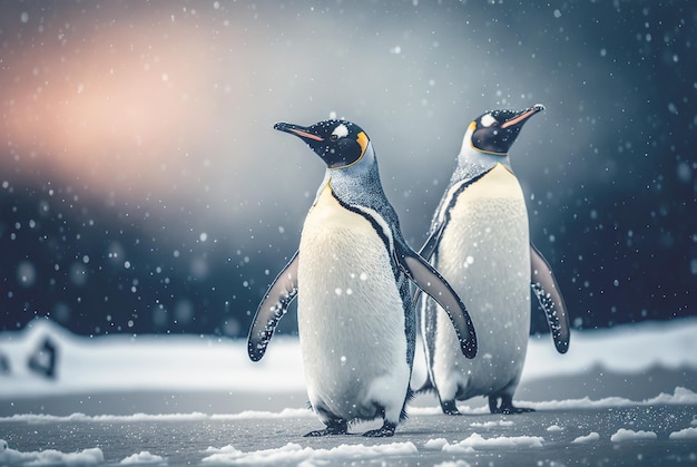 Dois pinguins adultos em pé na neve Generative AI