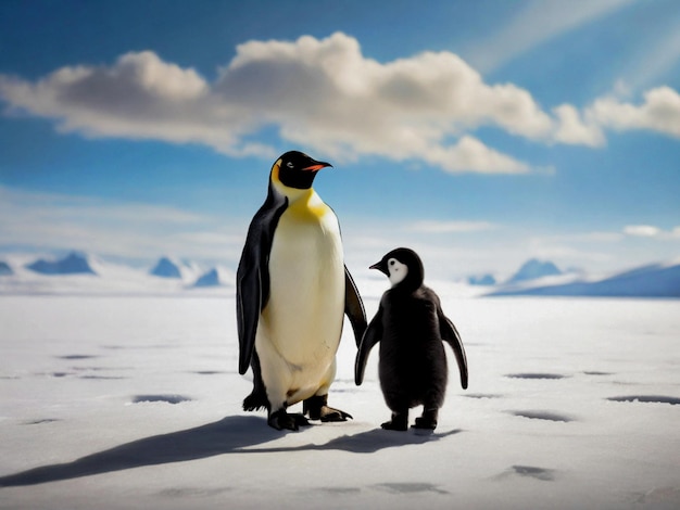 dois pinguins de pé na neve com montanhas ao fundo