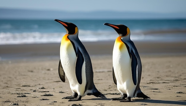 dois pinguins de pé numa praia com o oceano ao fundo