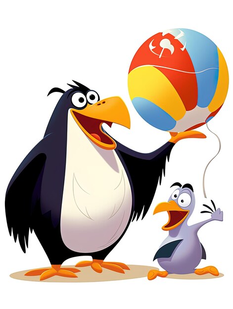 Foto dois pinguins estão brincando com um grande pinguim e um pinguim