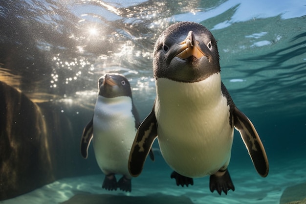 Dois pinguins estão de pé na água e um tem a palavra pinguim nele