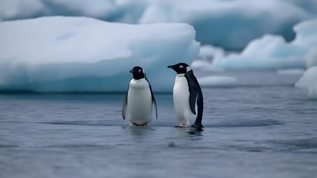 Dois pinguins estão na água na Antártida.