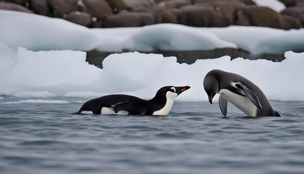 Foto dois pinguins estão nadando na água com gelo do lado