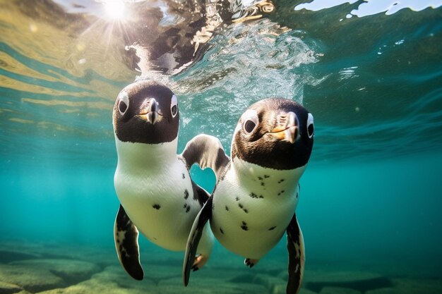 Foto dois pinguins estão nadando na água com o sol brilhando sobre eles