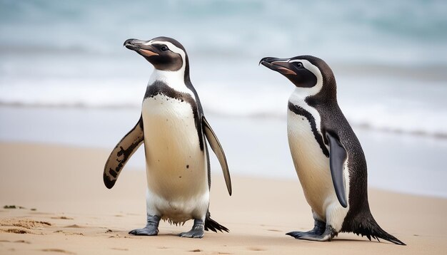 Dois pinguins fofos no fundo da praia borrada