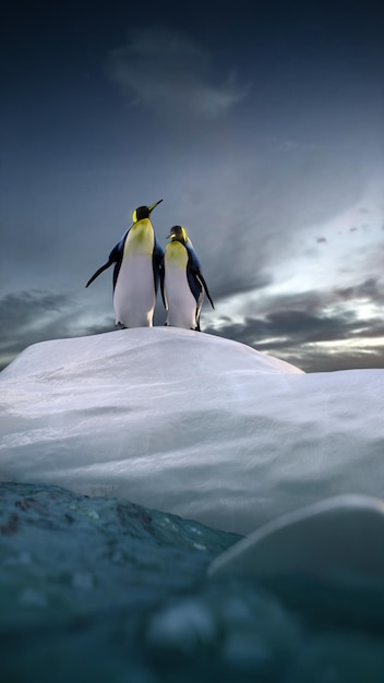 Foto dois pinguins olhando ao redor da rocha de gelo e vendo o belo oceano claro. ilustração 3d de alta qualidade renderização