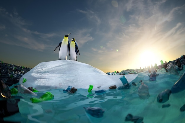 Foto dois pinguins olhando ao redor e vendo o oceano com lixo de plástico. renderização de ilustração 3d de alta qualidade