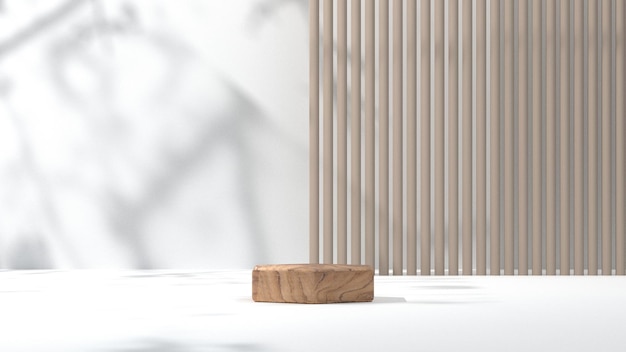 Dois pódios de madeira modernos mínimos com sombra de folha no fundo da parede de concreto para beleza orgânica