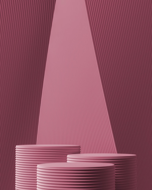 Dois pódios em gradiente abstrato e linhas de onda fundo rosa pacífico para apresentação do produto