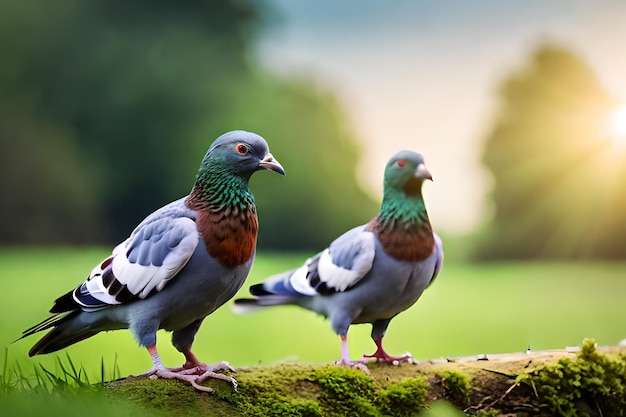 Dois pombos em um galho de árvore com folhas verdes e penas azuis e brancas.