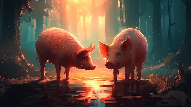 Dois porcos em uma floresta com o sol brilhando sobre eles