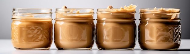 Dois potes de manteiga de amendoim ficam lado a lado em uma superfície branca.