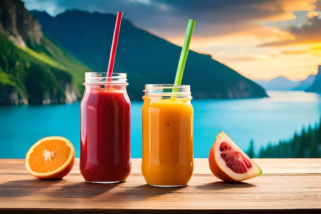 Dois potes de smoothies com um canudo verde e um canudo vermelho com um canudo azul.