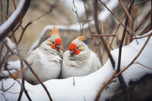 Foto dois ptarmigans aninhados em um buraco nevado