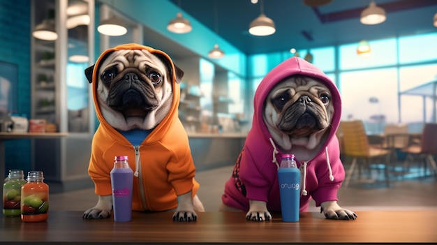 Dois pugs com moletons estão um ao lado do outro em um café.