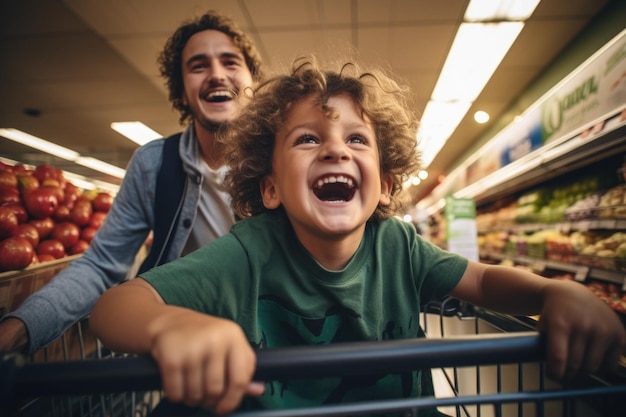 Foto dois rapazes a divertir-se na mercearia.