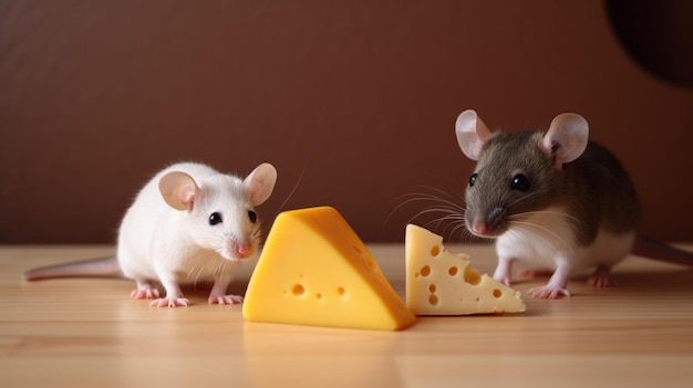 Dois ratos comendo queijo no chão de madeira