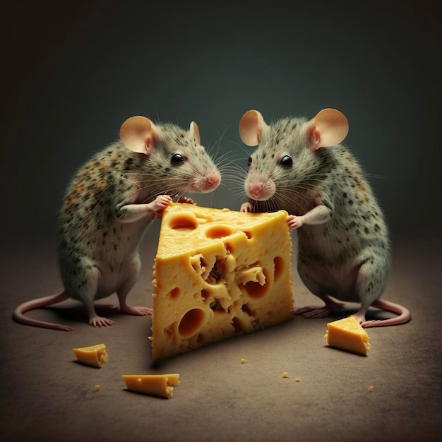 Dois ratos estão comendo um pedaço de queijo e um deles está comendo.