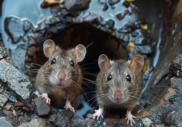 Foto dois ratos olhando para fora de um buraco na árvore dois ratos um cinzento e o outro castanho com pelagem branca