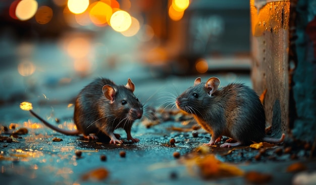 Dois ratos são vistos na rua à noite