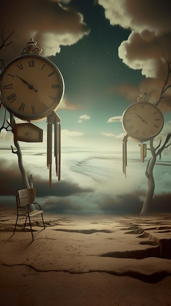 Dois relógios sentados em cima de uma árvore no meio de uma imagem ai generativa do deserto